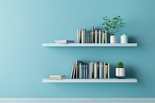 Bookshelf with books and decorations on blue wall Ai generated