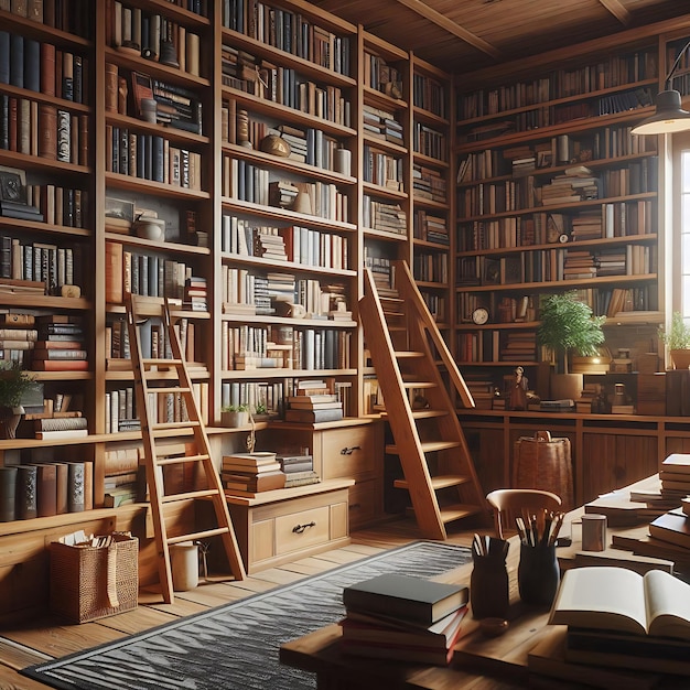 Bookshelf with Books in a Modern Library and Reading Room