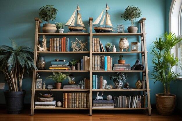 Photo bookshelf with nautical decor bookshelf background