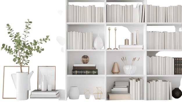 Photo bookshelf with neatly arranged books on white background