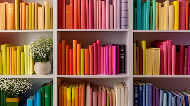 Photo bookshelf with rainbowcolored books vibrant and organized