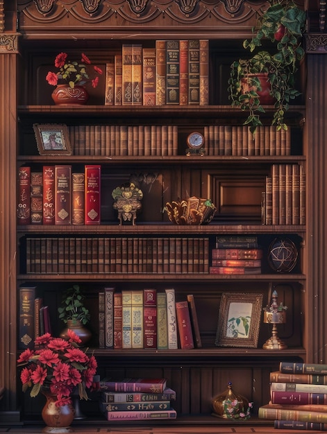 Bookshelf with stacked books