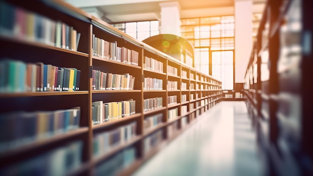 Bookshelves in a library with the sun shining through the window.