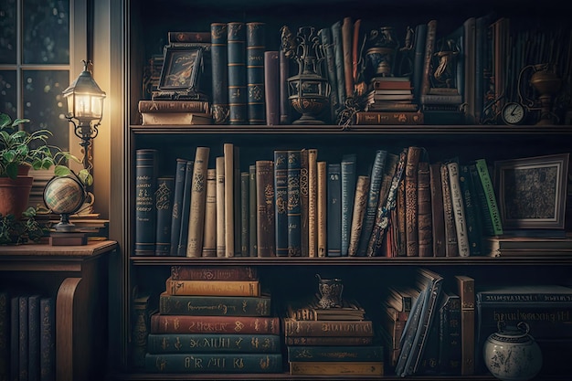 Bookshelves stacked with books showing off a mix of genres and styles created with generative ai