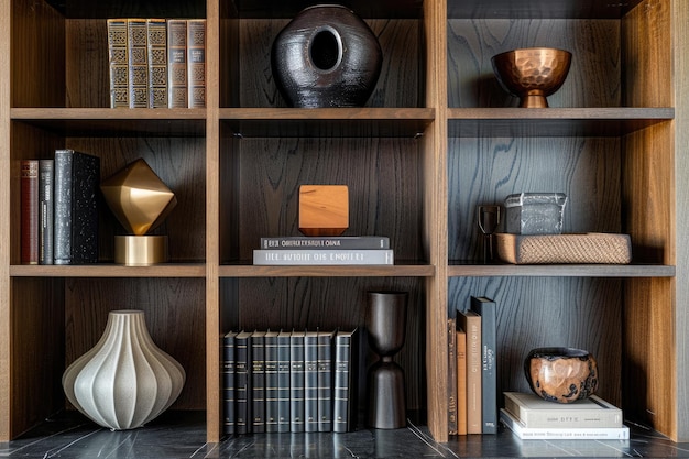 Photo bookshelves with books and vases in modern library interior design