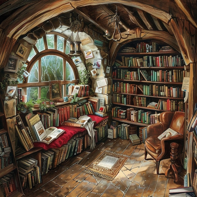 A bookshop with cozy reading nooks and shelves of books