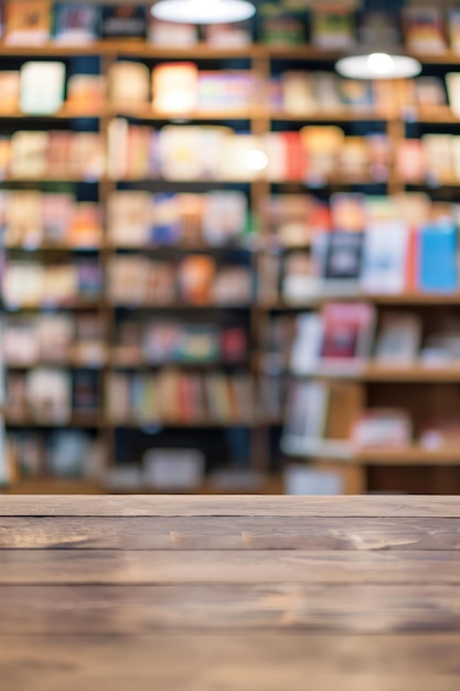 Photo bookstore interior scene with wooden bookshelf filled with books natural pours through large