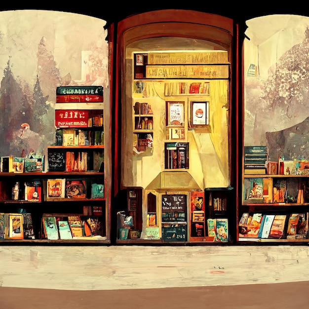 a bookstore with many books and cozy theme