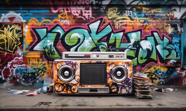 A boombox sits in front of a wall covered in graffiti.