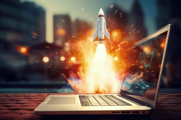 Boosting Performance Laptop Screen Launching Space Rocket Speed Up and Repair Concept