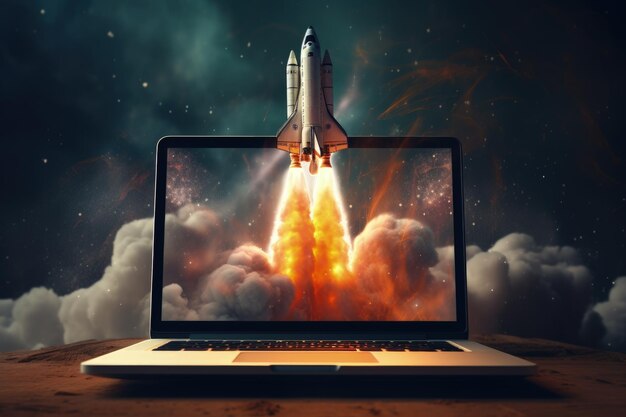 Boosting Performance Laptop Screen Launching Space Rocket Speed Up and Repair Concept