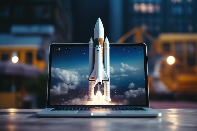 Boosting Performance Laptop Screen Launching Space Rocket Speed Up and Repair Concept