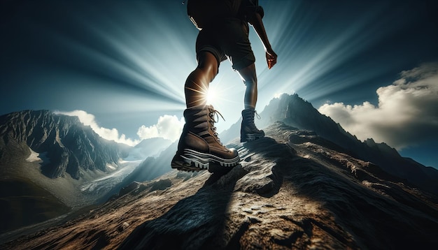 Boot on Mountain Top Hiker on the top of mountain boots perspective