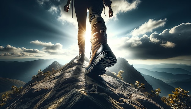 Boot on Mountain Top Hiker on the top of mountain boots perspective