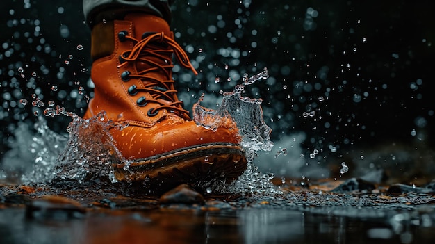 Boot splashing in water puddle