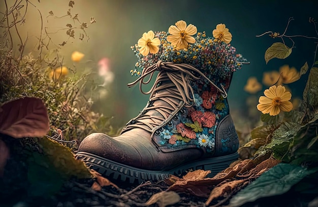 A boot with flowers in it that says'flower '