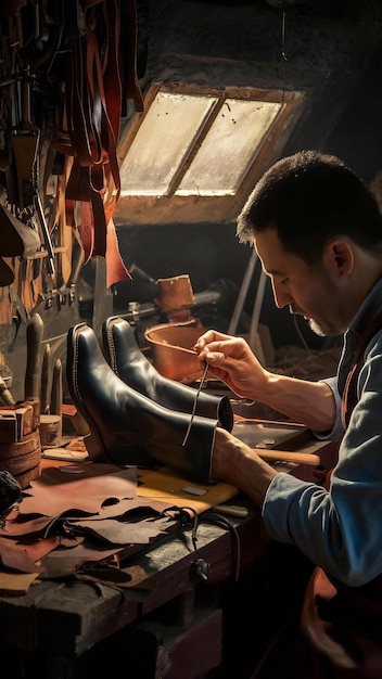 Bootmaker in workshop making shoes