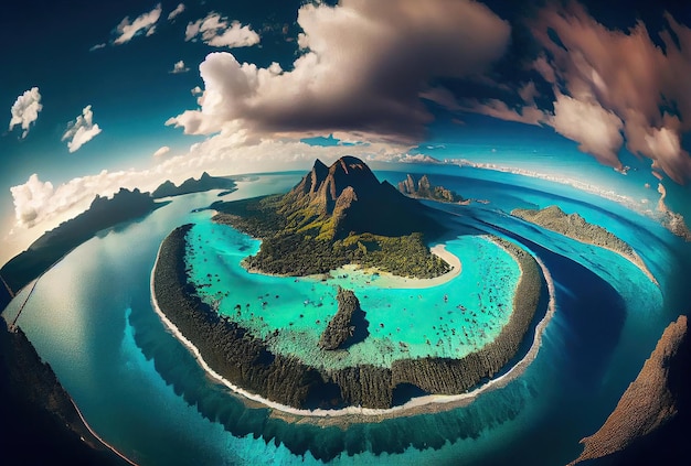 Bora Bora aerial view from drone Island in French Polynesia White sandy beach and mountain Palm trees and blue lagoon Generative Ai Art Fish eye view lens