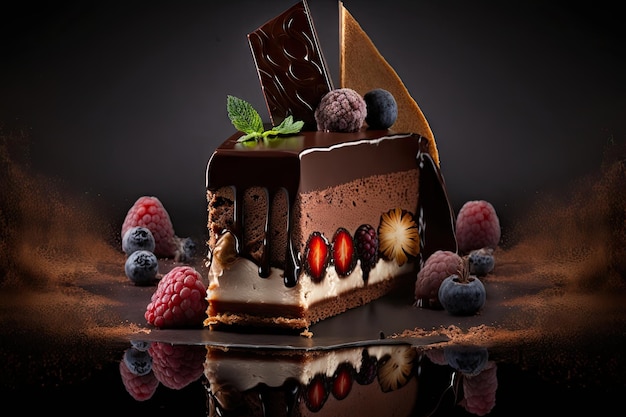 Bordeaux chocolate mousse cake on dark background created with generative ai