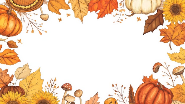 Photo a border of autumn leaves and mushrooms with a white background for your text