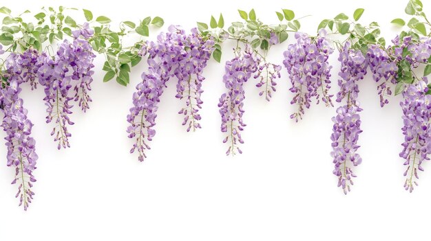 Photo a border of cascading wisteria flowers and green vines on a white background