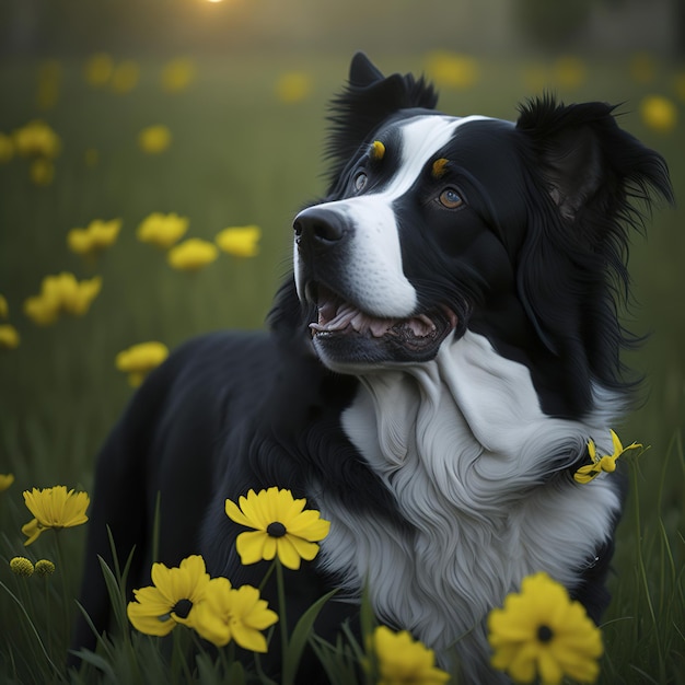 Border collie dog in a garden with yellow flowers