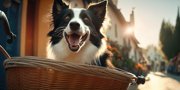 Border Collie dog have fun bicycle ride on sunshine day morning in summer on town street