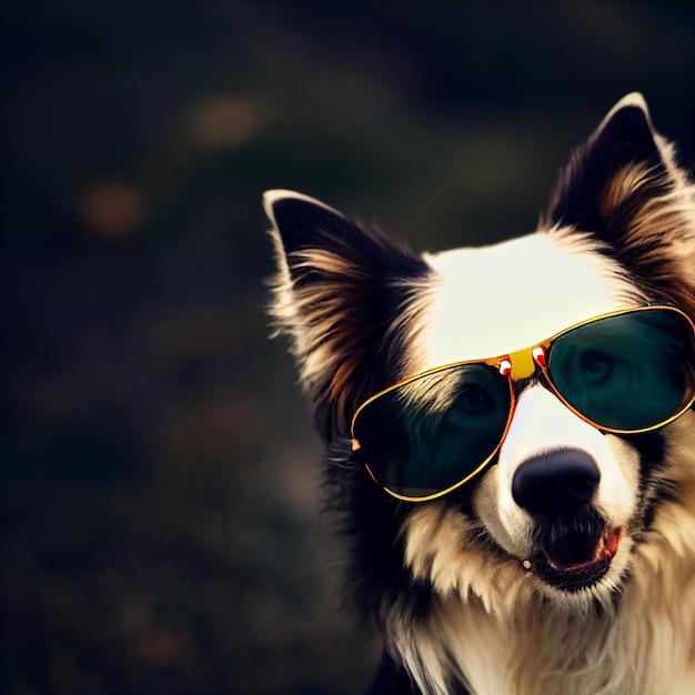 Border collie dog posing with sunglasses portrait 3d rendering