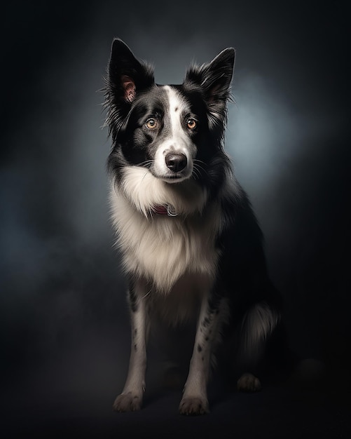 A border collie dog stands in a back background