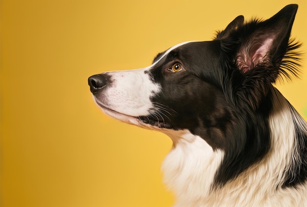 Border Collie in profile facing the camera isolated on a yellow backdrop