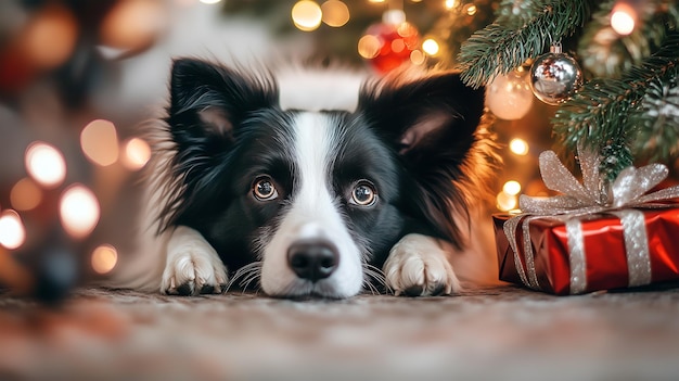 Border Collie resting by the Christmas tree with decorations and gifts during the holiday season