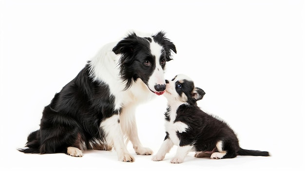 Border Collie with its cute puppy is on isolated white background