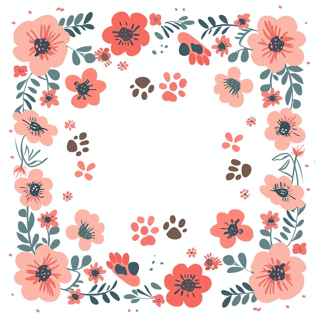 Border of different dog paws surrounded by pink flowers illustration for kids