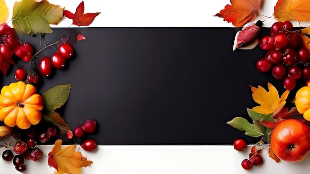 a border of fall leaves and berries on a white Thanksgiving background