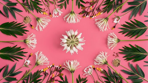 Photo border of flowers on a pink background beautiful eustomas floral background of flowers and leaves