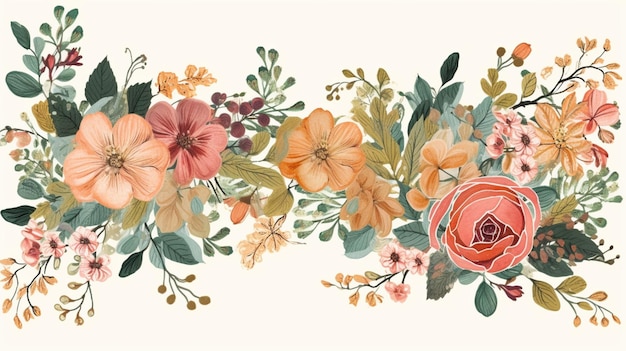 A border of flowers with a pink and orange background.