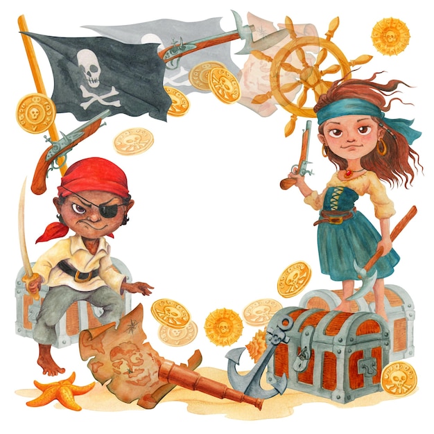 Photo border or frame template with pirate attributes and teen corsair characters with space for text