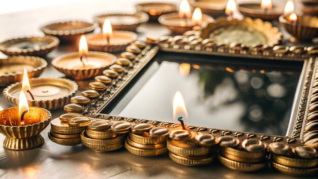 Photo border frame with diyas and coins for dhanteras with copy space concept as camera movement pan acros