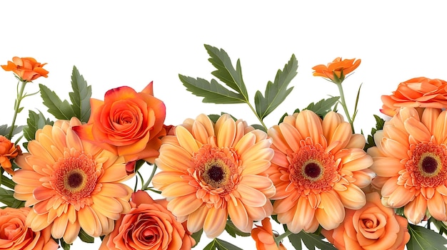 Border of Gerberas and Roses isolated on white background Arrangement of orange flow Generative AI