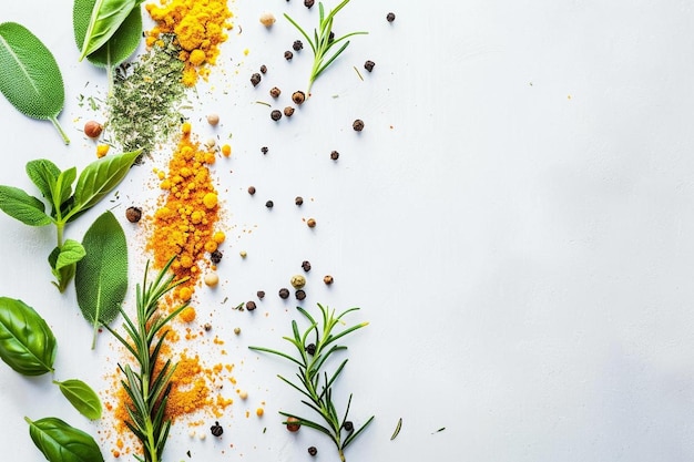 Border of herbs and spices on a white background free space