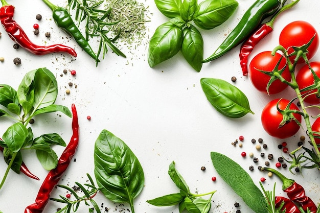 Border of herbs and spices on a white background free space