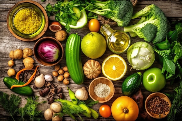 Border liver detox diet food concept fruits vegetables nuts olive oil garlic Cleansing the body healthy eating Top view flat lay Generative AI