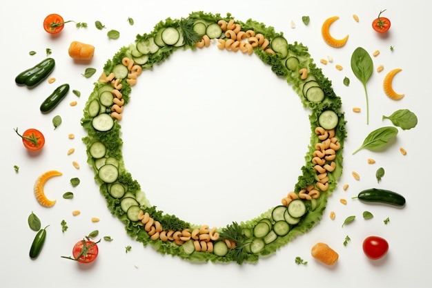 Photo border made of healthy food ready meal and vegetable pieces