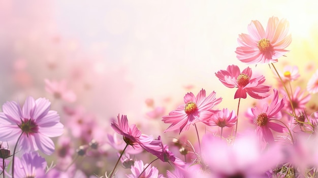 Border of pink cosmos flower in cosmos field in garden with blurry background and soft sunlight for horizontal floral poster Close up flowers blooming on softness style in spring summer under sunrise