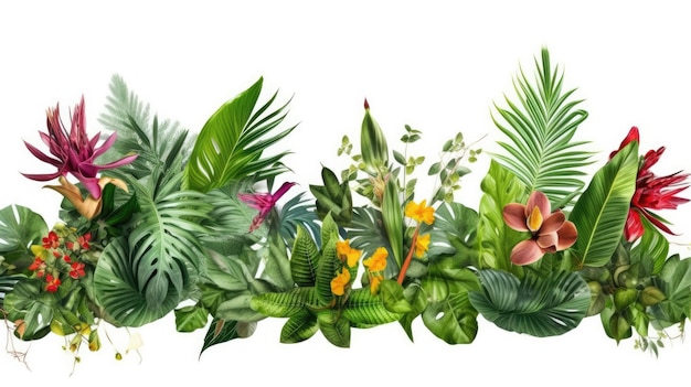 A border of tropical plants with tropical leaves.