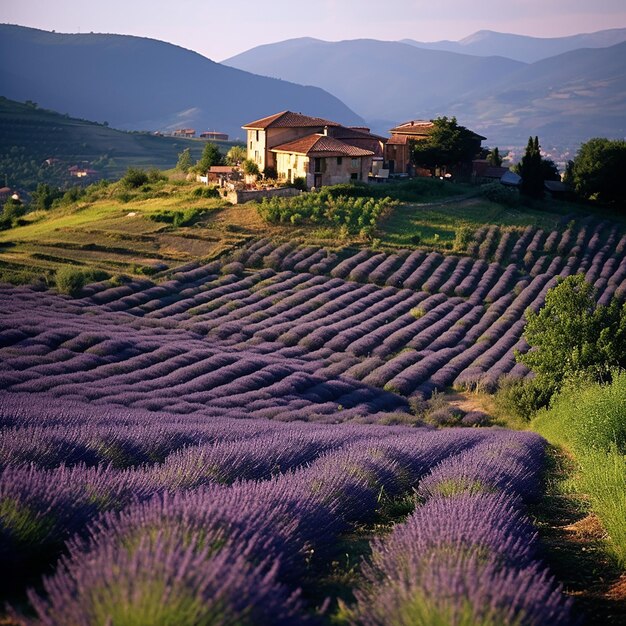 Bordered by rows of bushes fragrant lavender flowers appear in purple