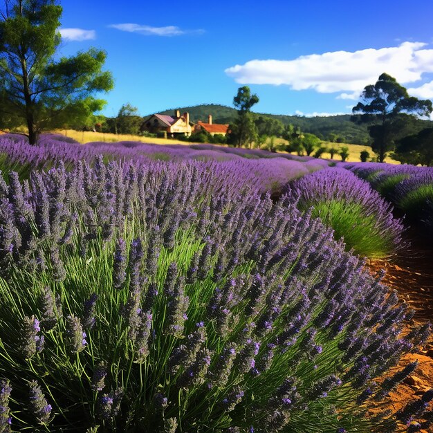 Bordered by rows of bushes fragrant lavender flowers appear in purple