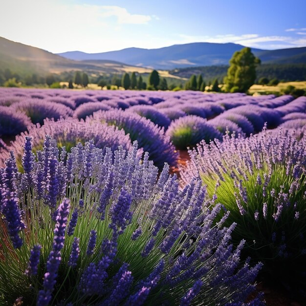 Bordered by rows of bushes fragrant lavender flowers appear in purple