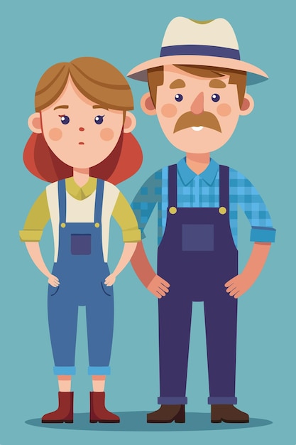 Photo bored farmer couple in cartoon overalls