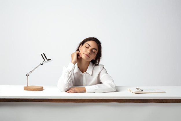 Photo bored tired young pretty woman with bun thinking dreaming lying on table over white background